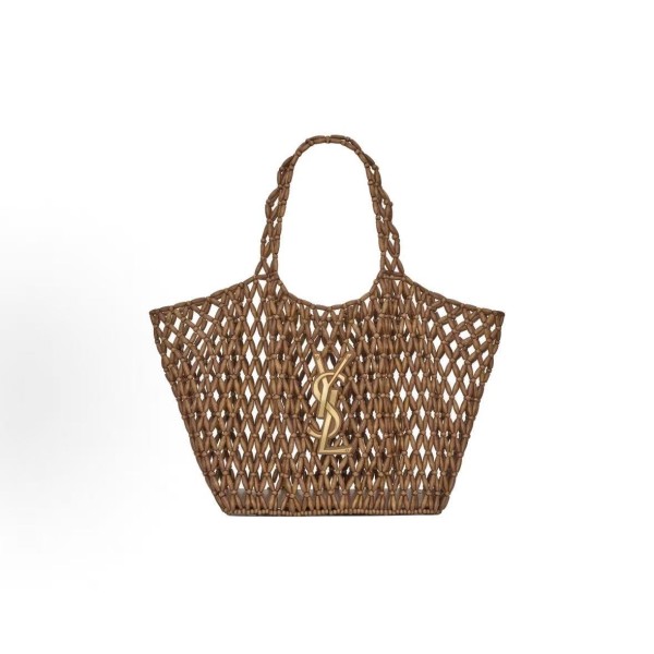 SAINT LAURENT YSL ICARE round bead handbag with bronze trim, medium-sized shoulder bag for women, light wood color with brick red